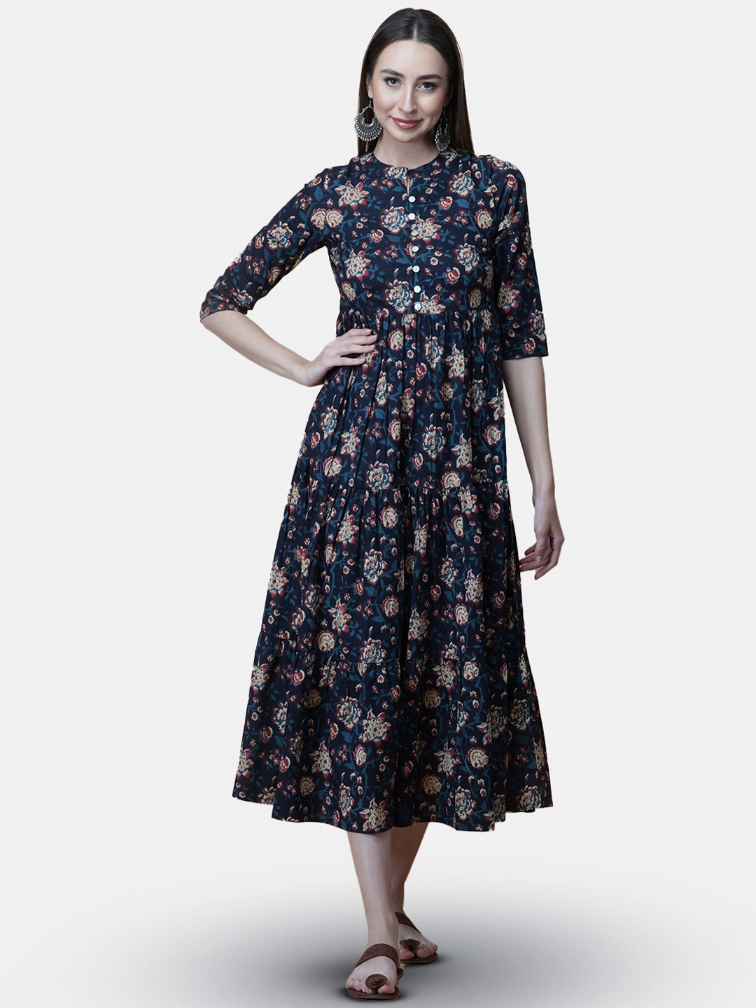 

GULAB CHAND TRENDS Cotton Floral Ethnic Midi Dress, Blue
