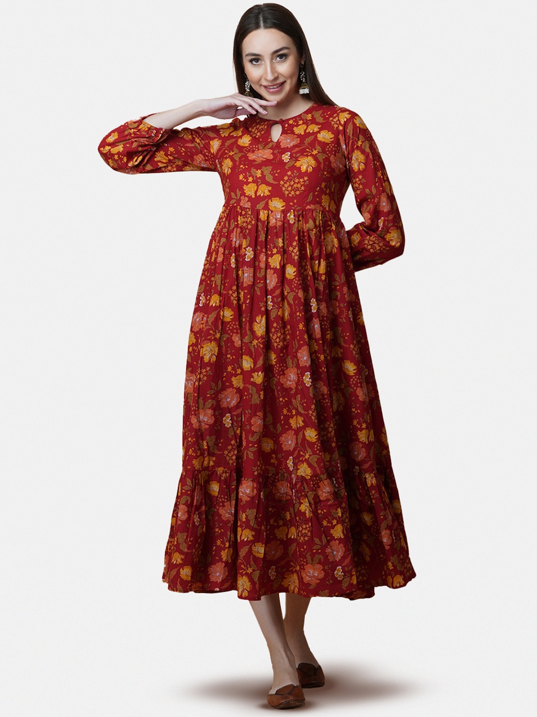 

GULAB CHAND TRENDS Cotton Floral Keyhole Neck Midi Dress, Red