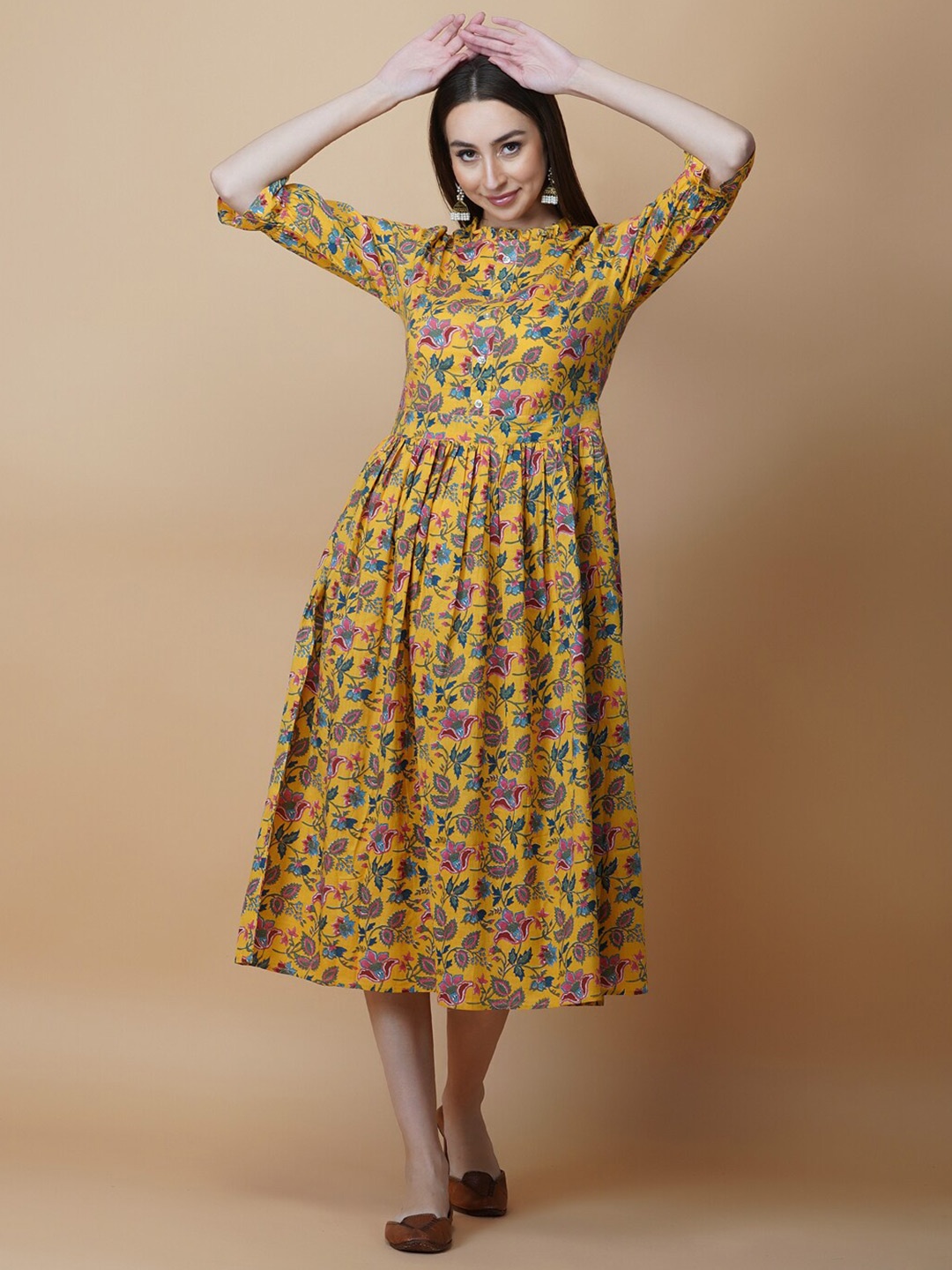 

GULAB CHAND TRENDS Yellow Floral A-Line Midi Dress