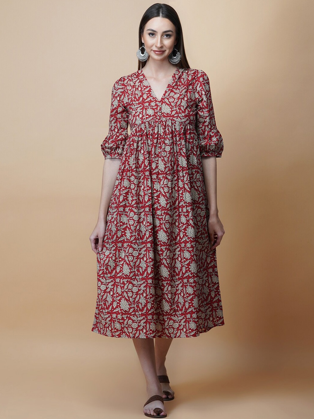 

GULAB CHAND TRENDS Red Floral A-Line Midi Ethnic Dresses