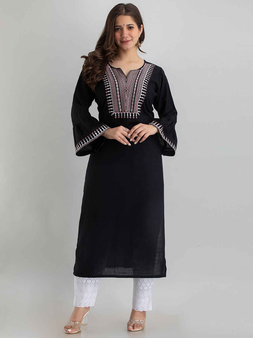 

ADORRO Women Black Flared Sleeves Thread Work Kaftan Kurta
