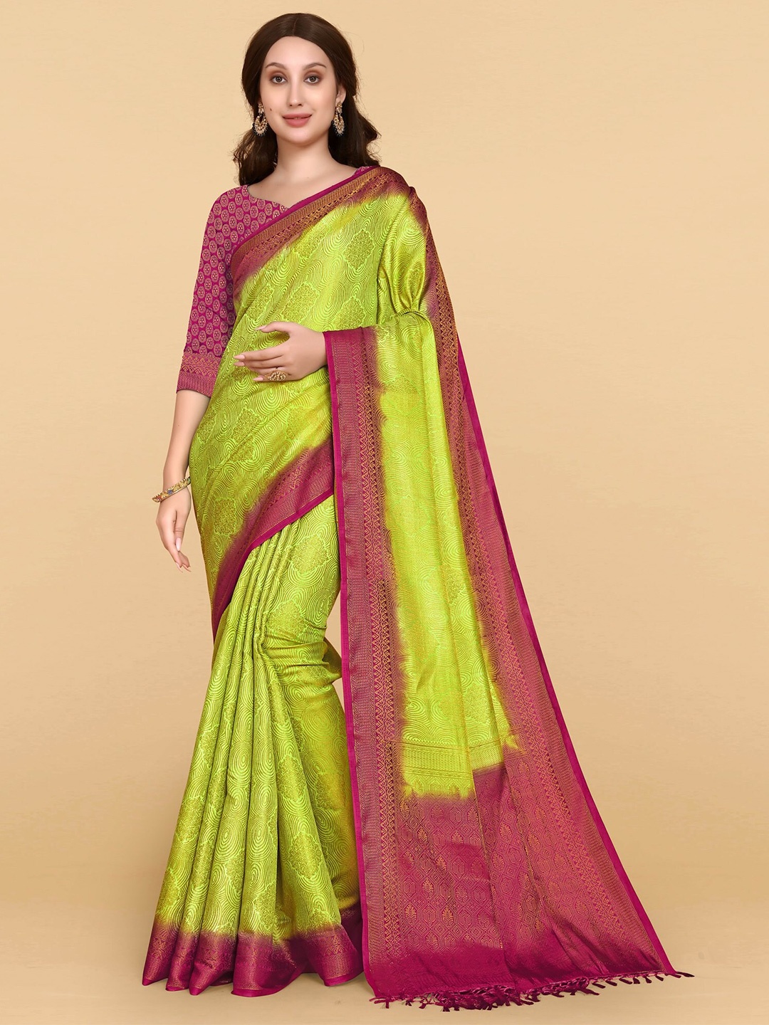 

AVANTIKA FASHION Ethnic Motifs Zari Silk Cotton Banarasi Saree, Green