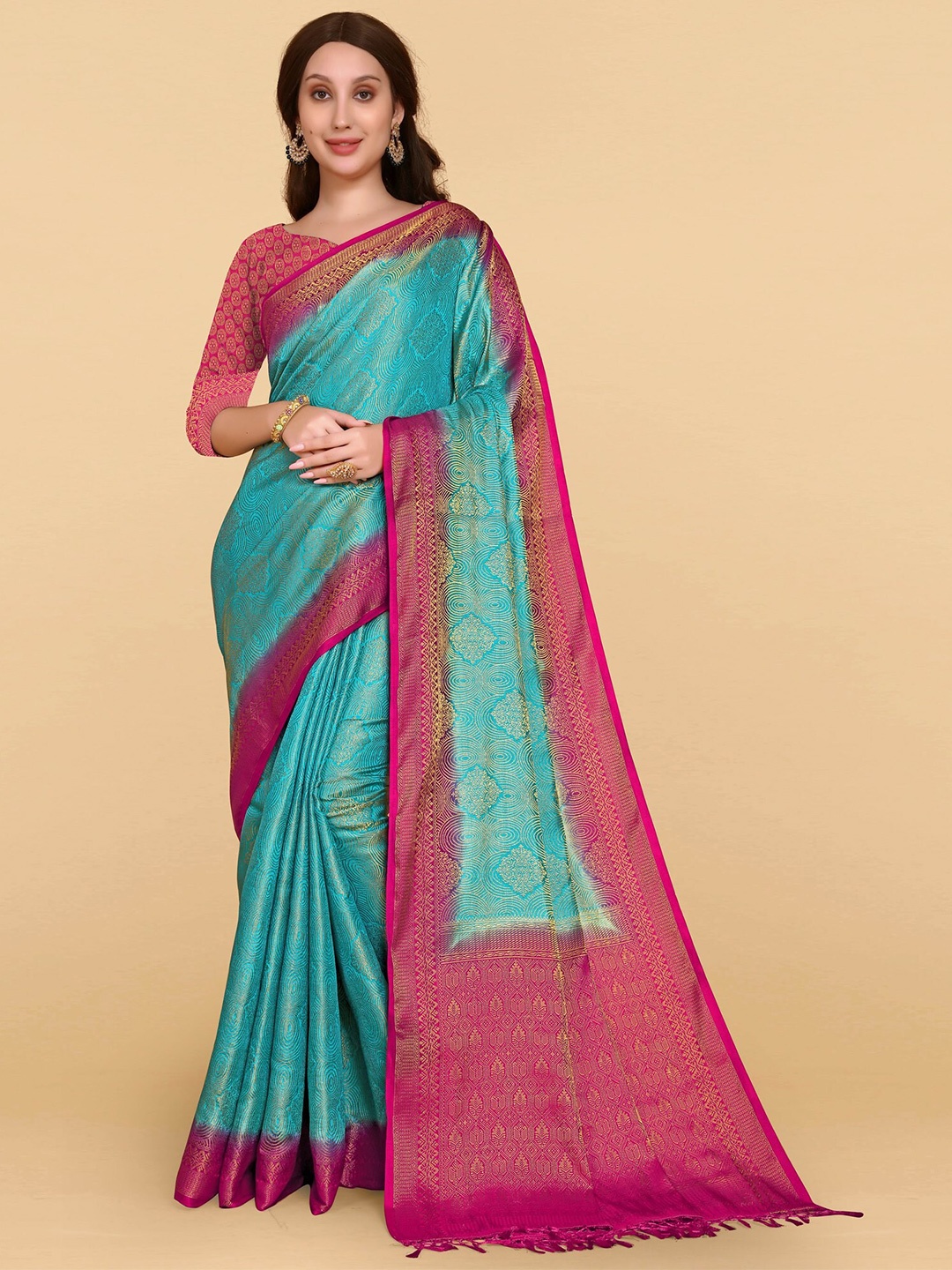 

AVANTIKA FASHION Ethnic Motifs Zari Silk Cotton Banarasi Saree, Turquoise blue