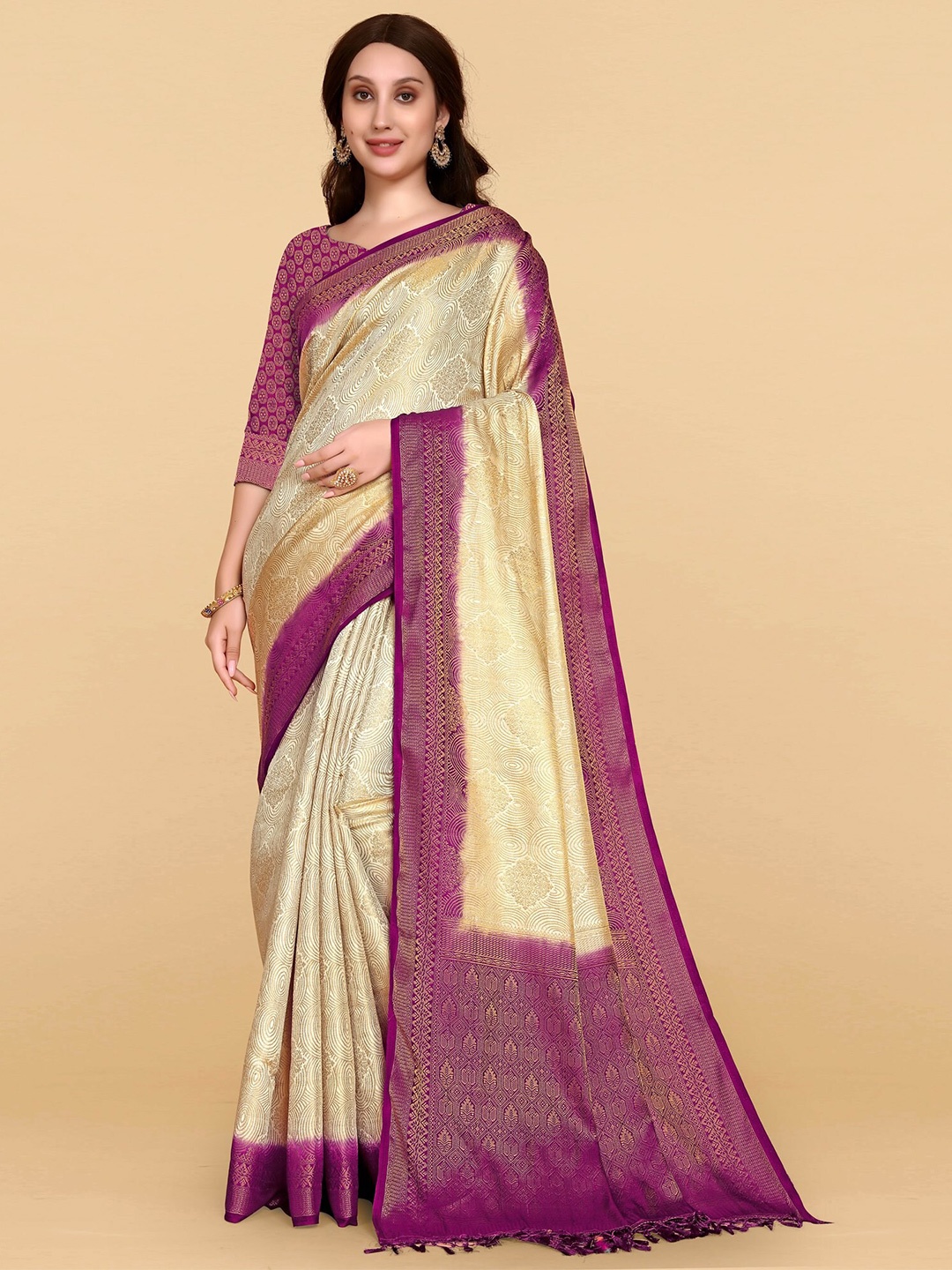 

AVANTIKA FASHION Ethnic Motifs Zari Silk Cotton Banarasi Saree, Cream