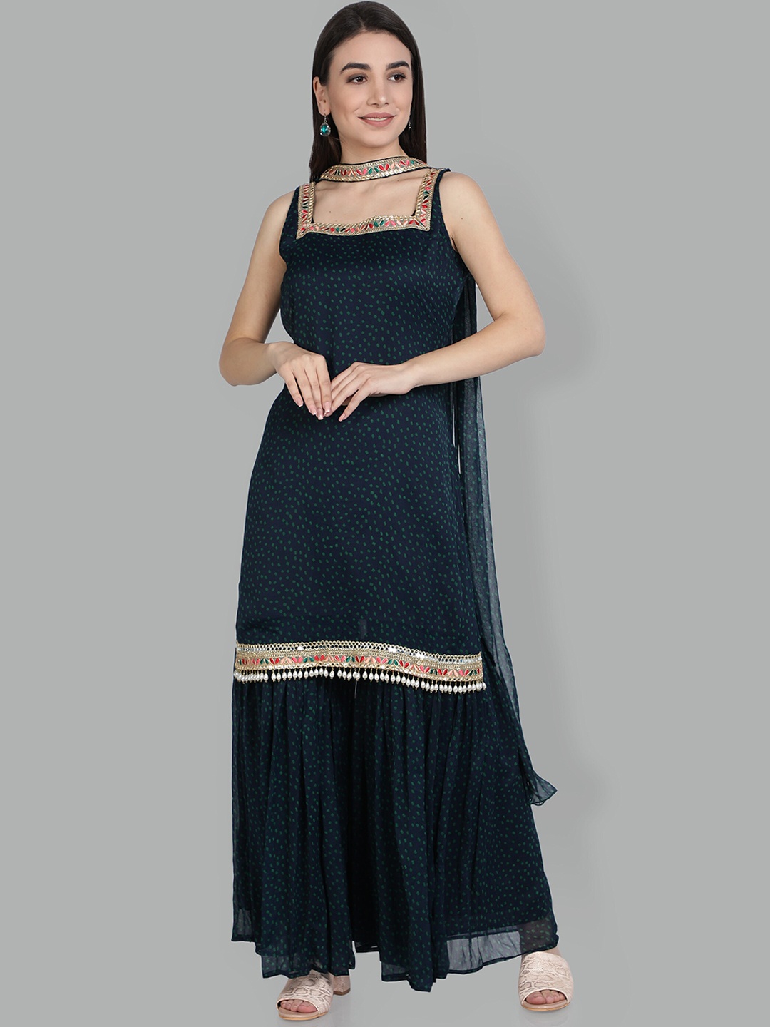 

ISAM Women Blue Printed Gotta Patti Kurti with Sharara & With Dupatta