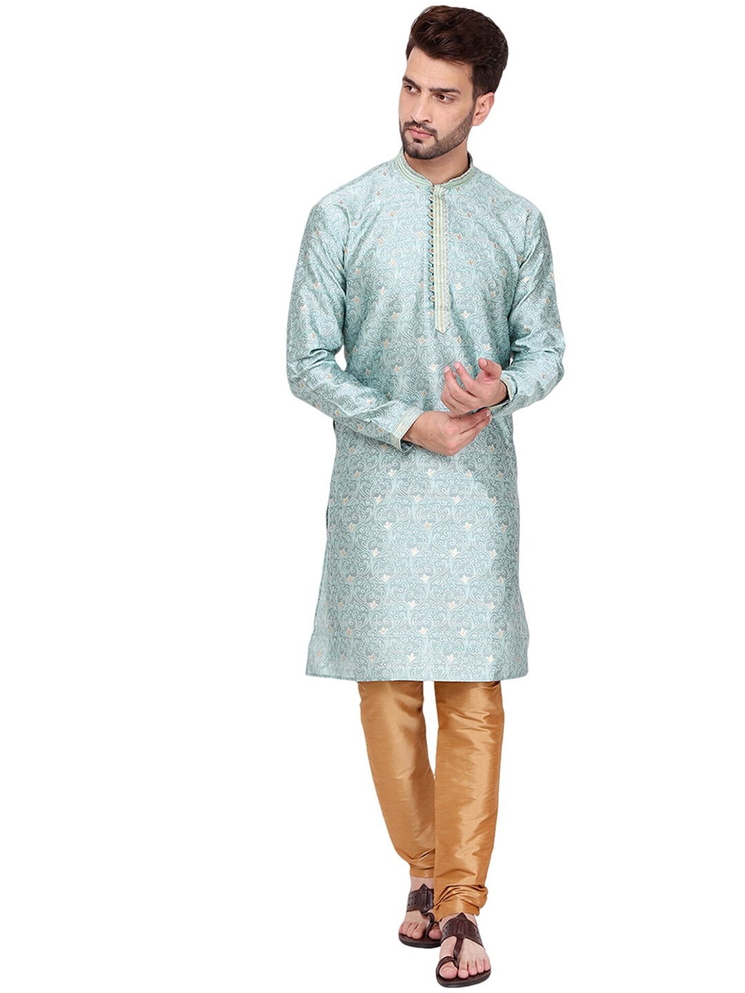 

Pro-Ethic STYLE DEVELOPER Men Turquoise Blue Floral Mirror Work Pure Silk Kurta with Churidar