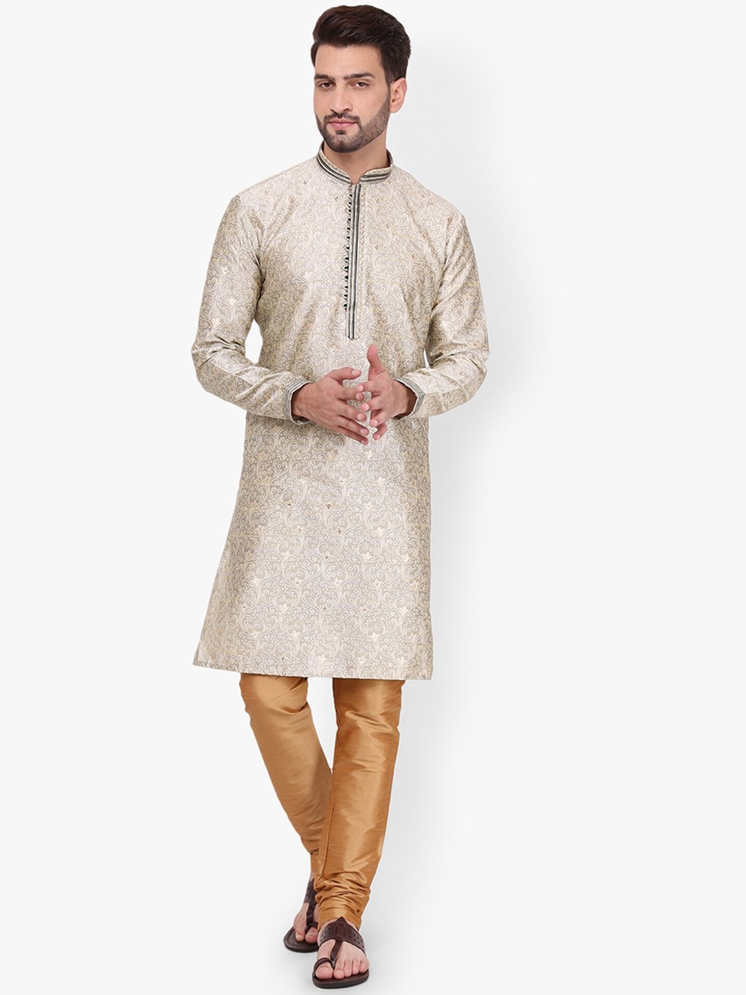 

Pro-Ethic STYLE DEVELOPER Men Beige Floral Embroidered Pleated Mirror Work Kurta with Churidar