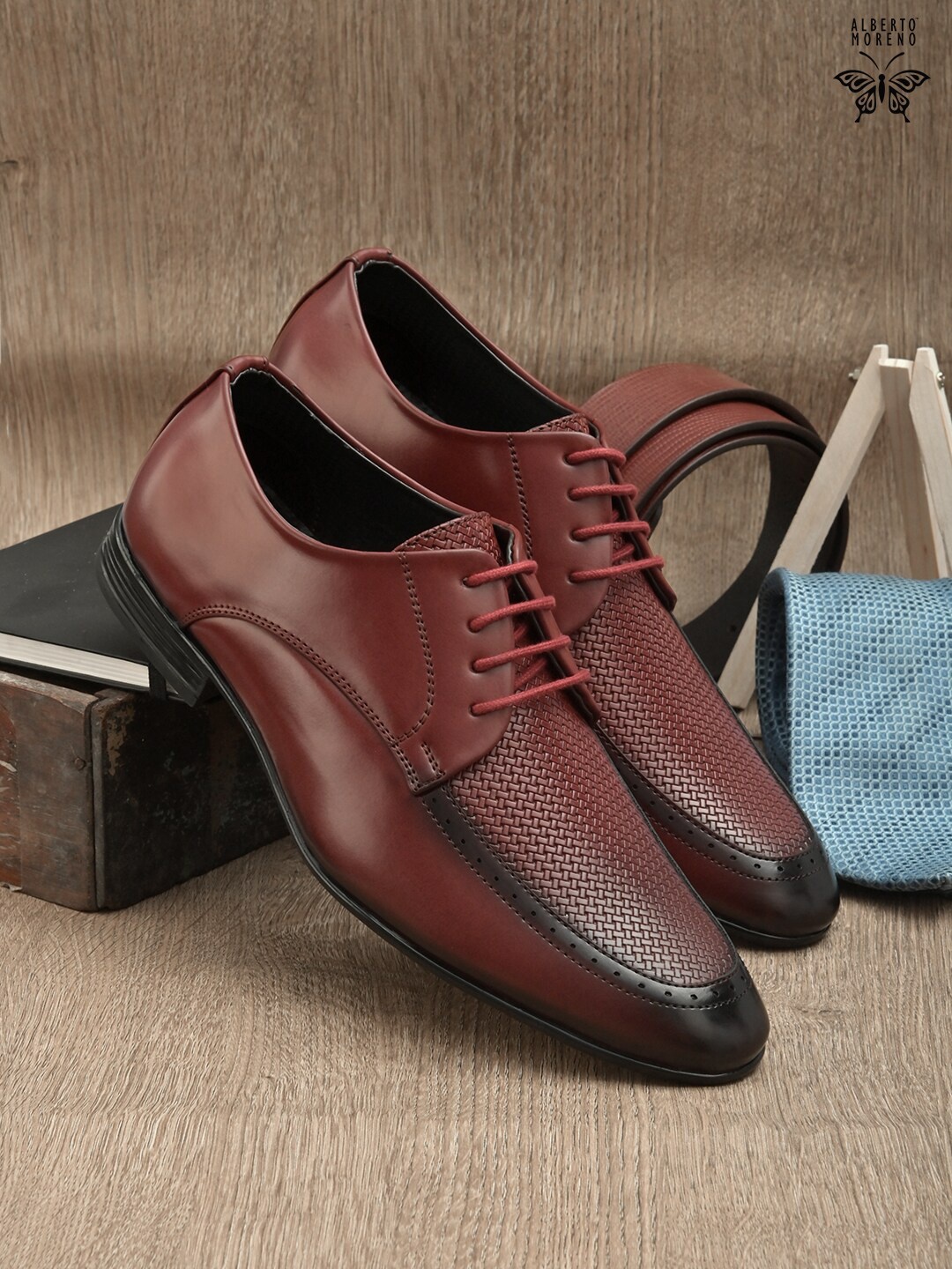 

ALBERTO MORENO Men Woven-Design Formal Derbys, Maroon