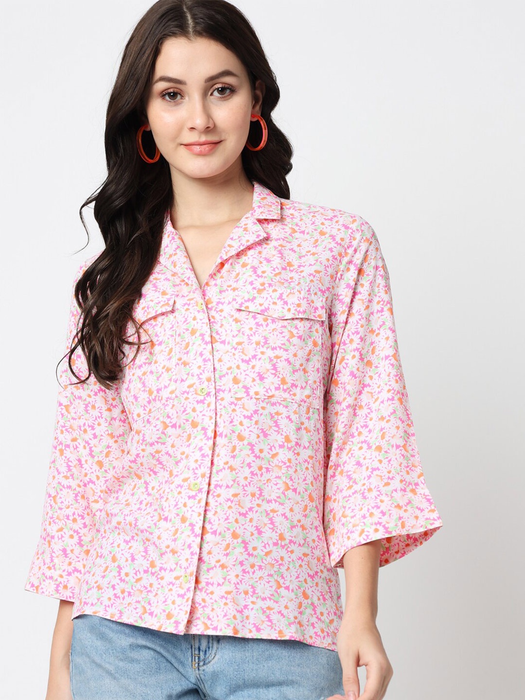 

CHARMGAL Pink Floral Print Mandarin Collar Shirt Style Top