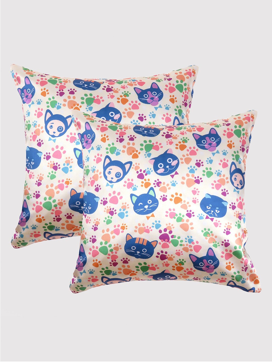 

OUSSUM Cream & Blue Set of 2 Conversational Satin Square Cushion Covers