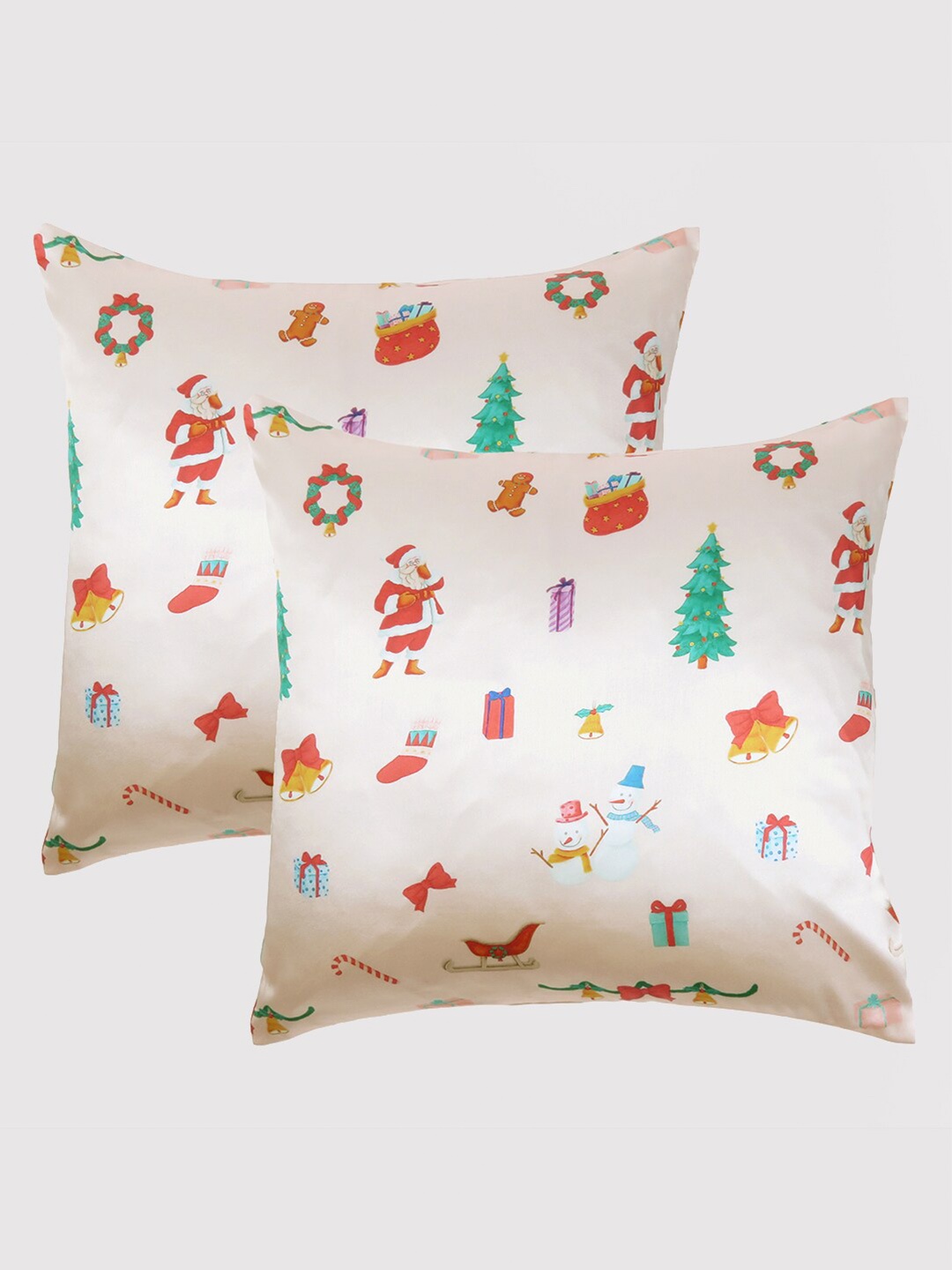 

OUSSUM Cream-Coloured & Red Set of 2 Cartoon Characters Satin Square Cushion Covers