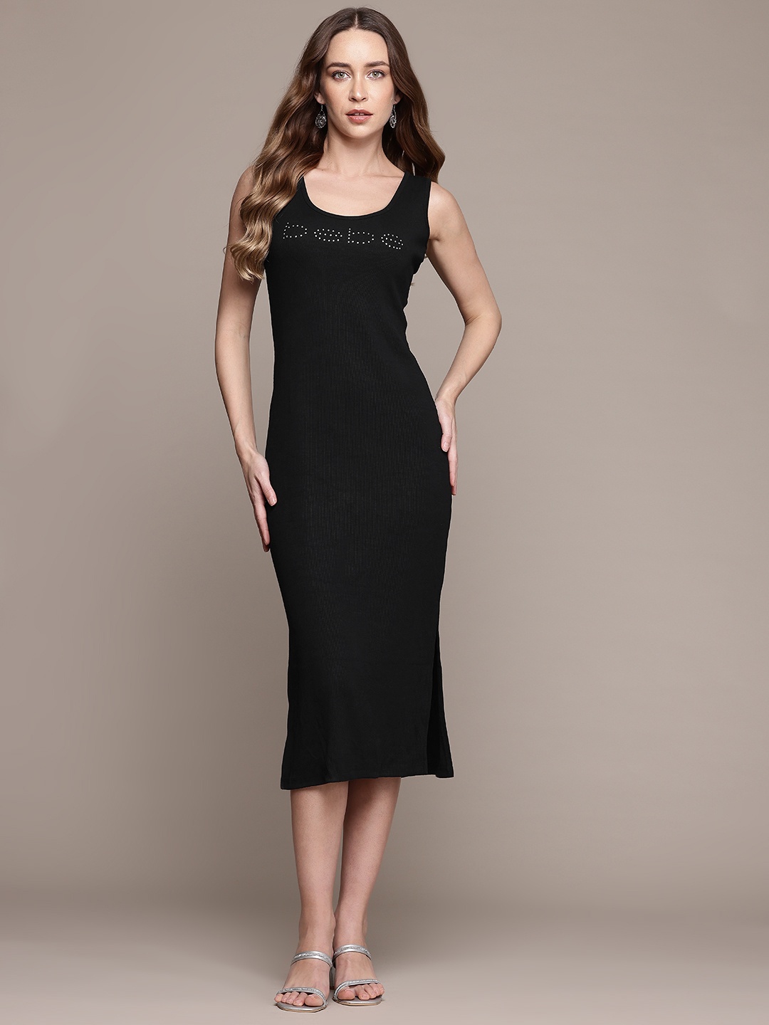 

bebe Season Staples Ribbed Embellished Brand Logo Midi Sheath Dress, Black