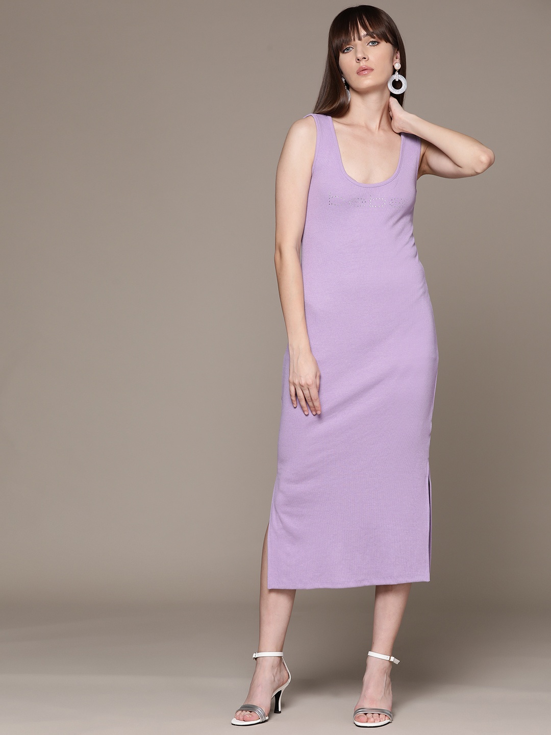 

bebe Season Staples Scoop Neck Brand Logo Embellished Ribbed Side Slit Sheath Midi Dress, Lavender