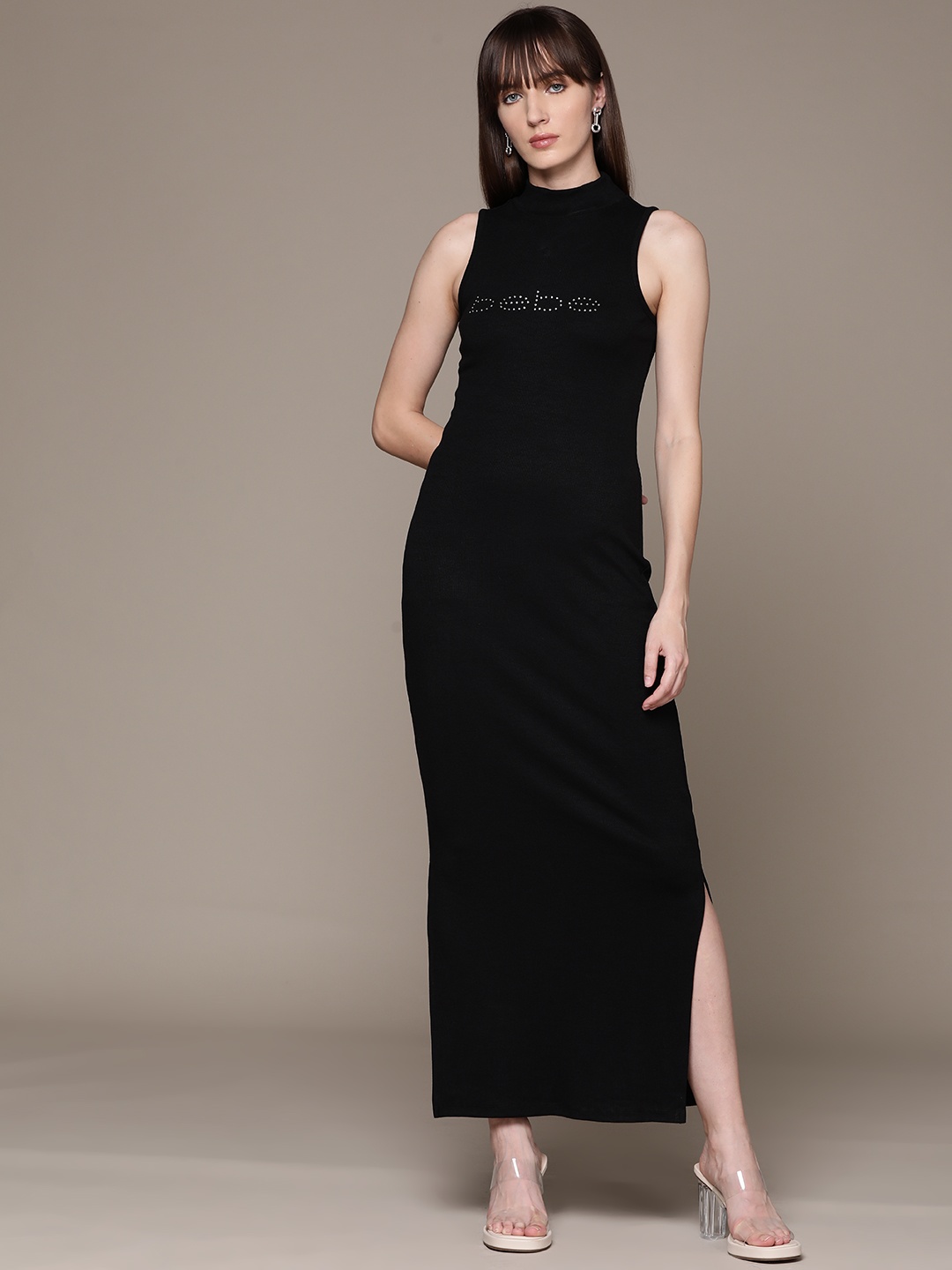 

bebe Season Staples Brand Logo Embellished Sheath Maxi Dress, Black