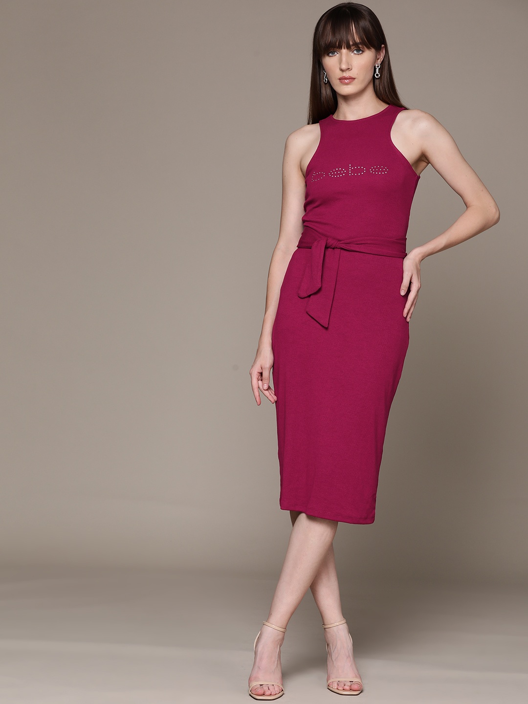 

bebe Season Staples Brand Logo Embellished Belted Ribbed Sheath Midi Dress, Magenta