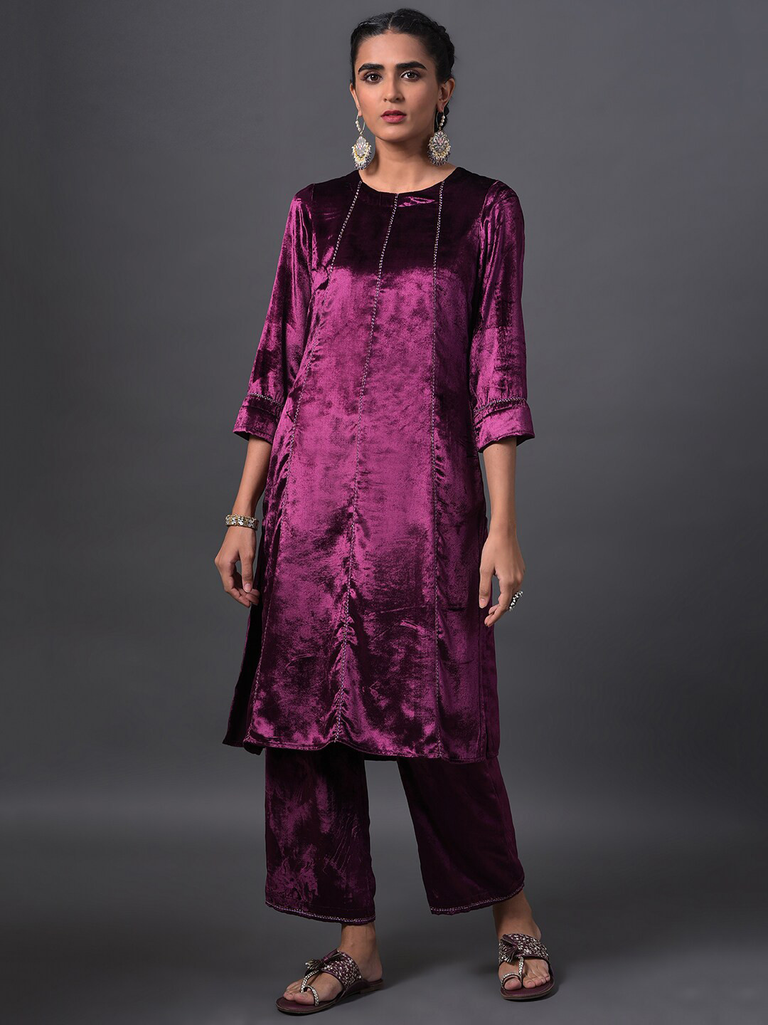 

W Women Embroidered Velvet Kurta with Palazzos, Purple