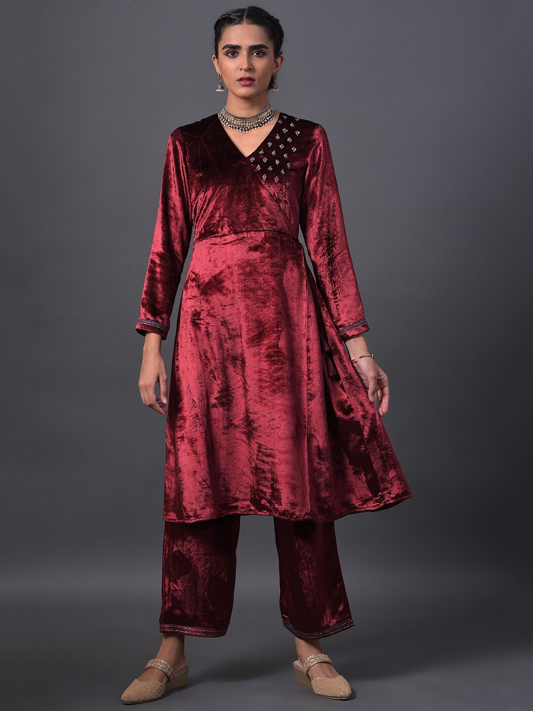 

W Women Mock Angrakha Embroidered Kurta with Palazzos, Red