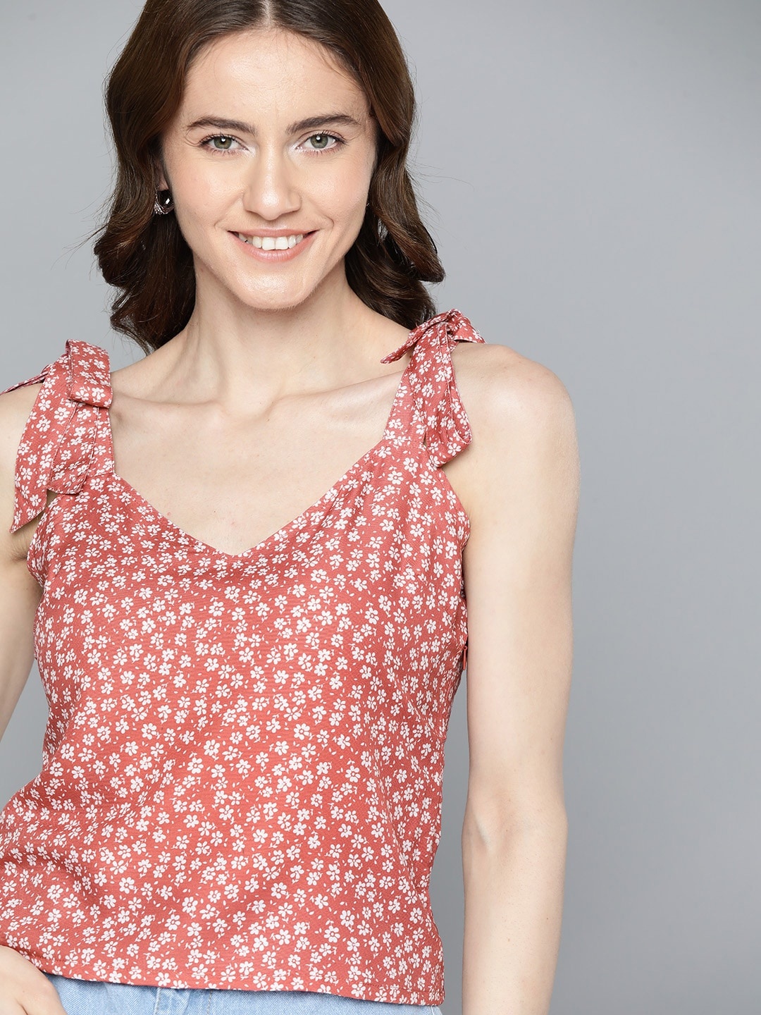 

Mast & Harbour Floral Print Sweetheart Neck Top, Rust