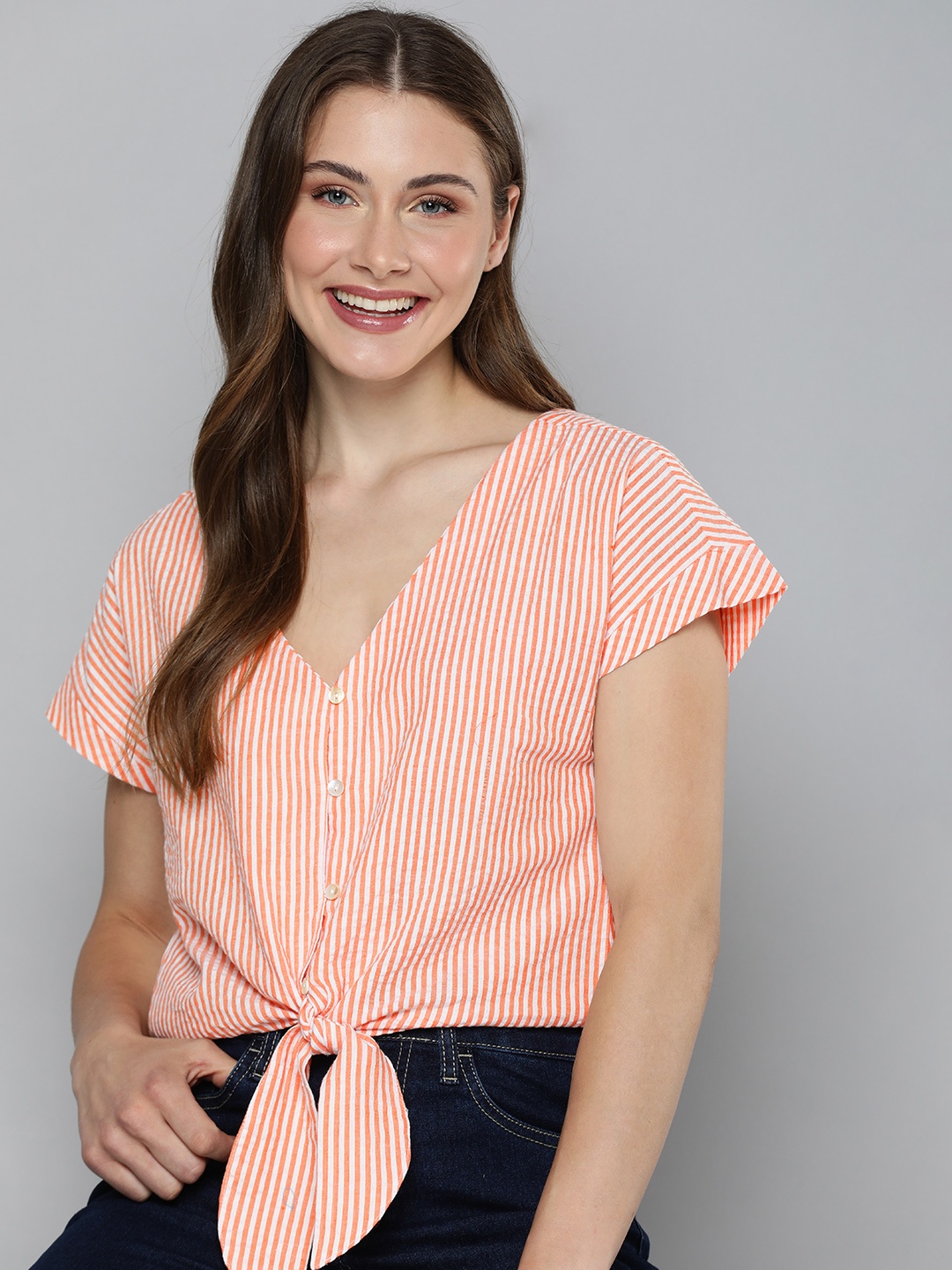 

Mast & Harbour Pure Cotton Seersucker Striped Extended Sleeves Tie-Up Top, Orange