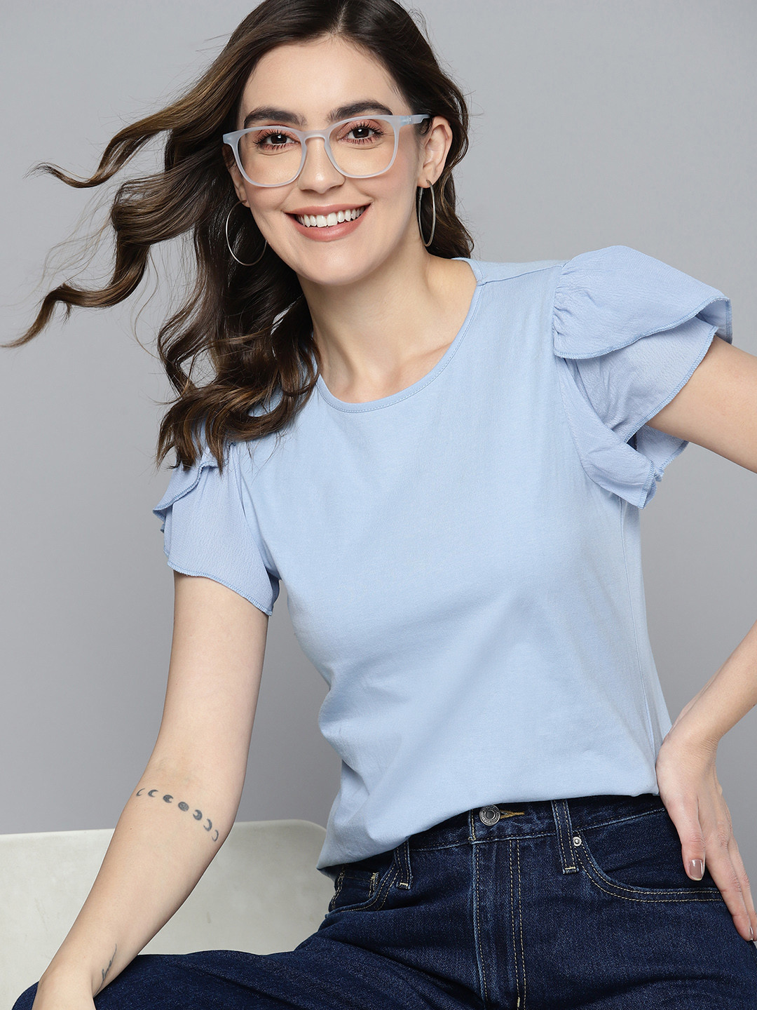 

Mast & Harbour Pure Cotton Flutter Sleeves Top, Blue