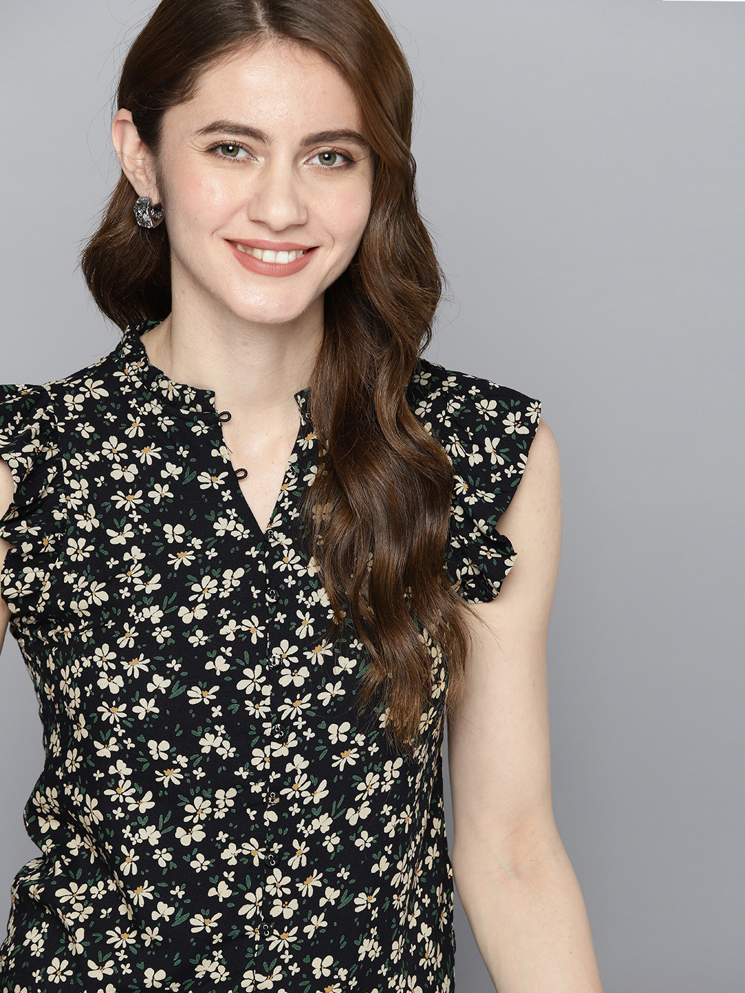 

Mast & Harbour Floral Print Mandarin Collar Top, Black