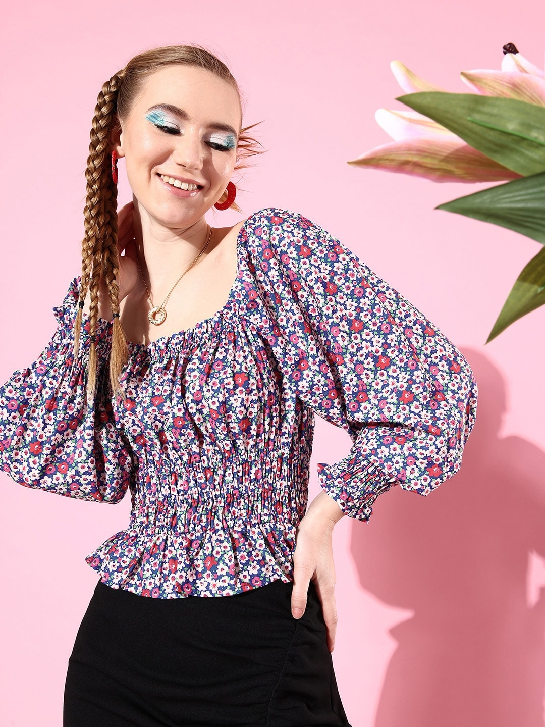 

Mast & Harbour Multicoloured Floral Smocked Femme Bustier Towards Romanticism Peplum Top, Multi
