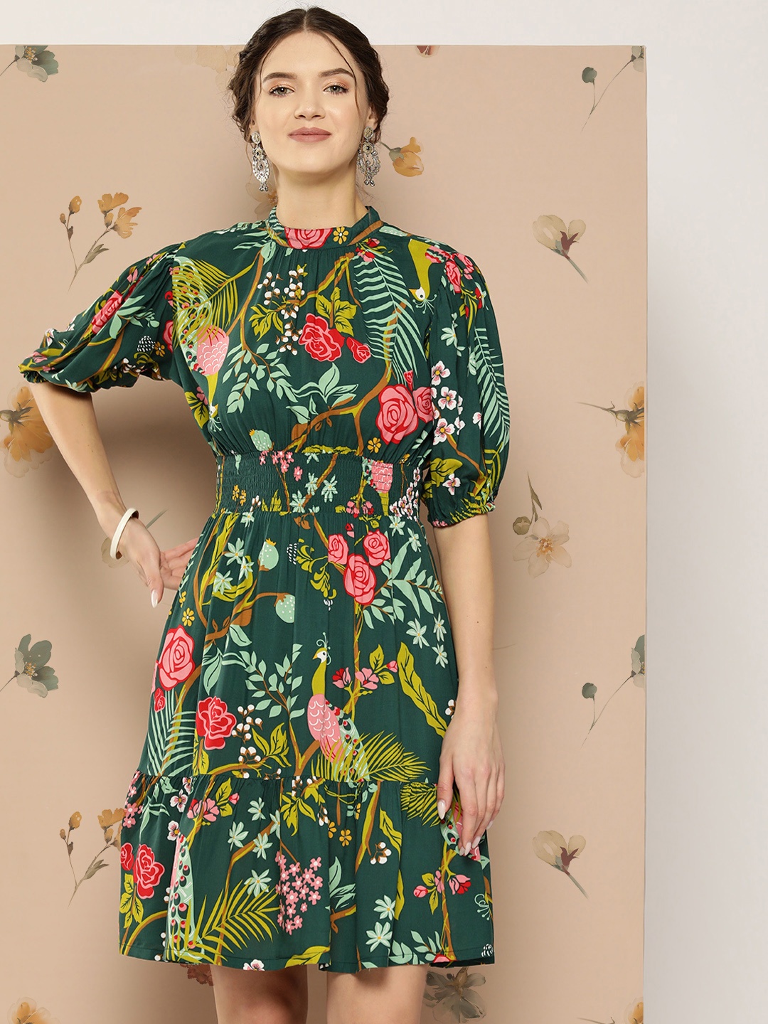 

Sangria Tropical Print Smocked Detailed A-Line Dress, Green