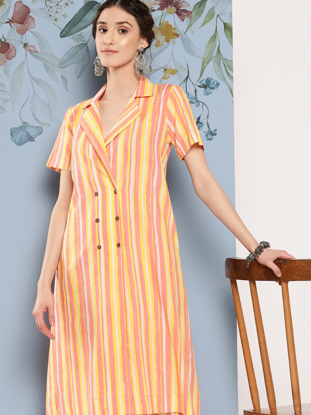 

Sangria Women Striped Notched Lapel Double Breasted Kurta with Trousers, Pink