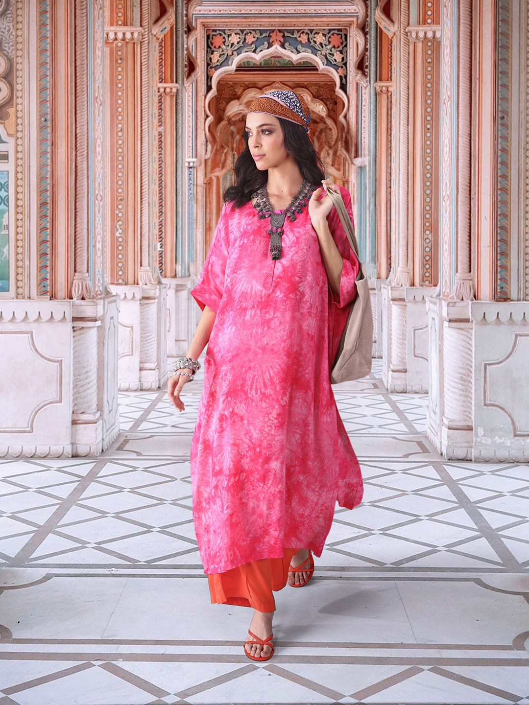 

Sangria Extended Sleeves Tie-&-Dye Dyed Kurta Set, Pink