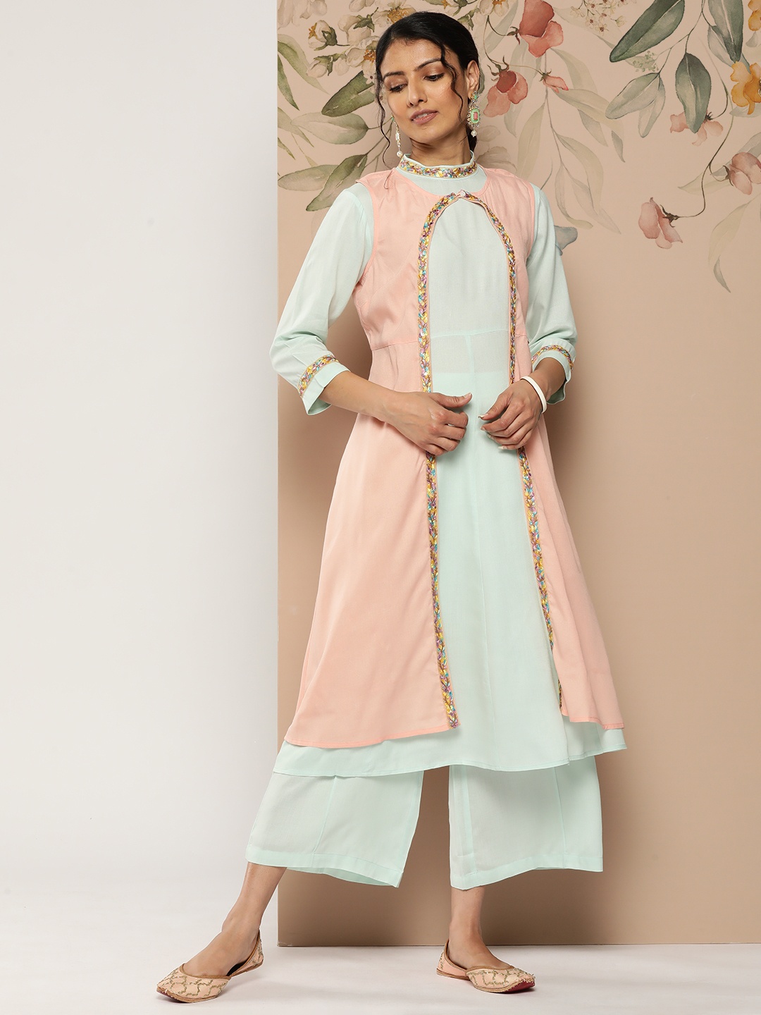 

Sangria Embellished Detail Layered Kurta with Flared Trousers, Green