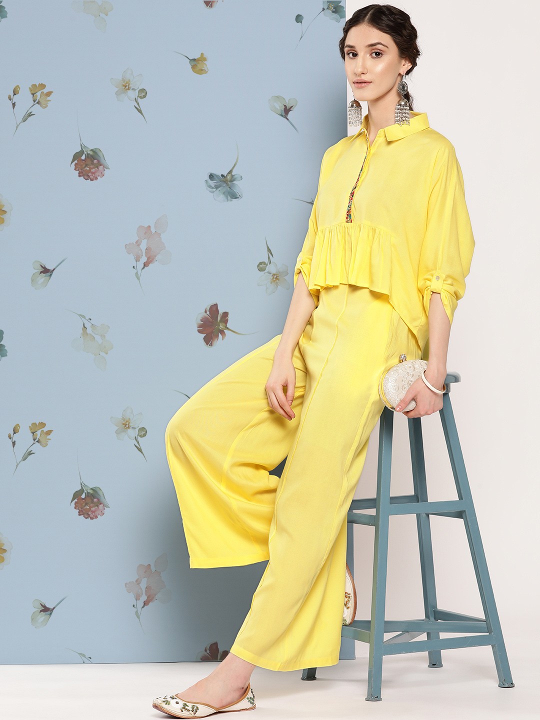 

Sangria Extended Sleeves Shirt Style Ethnic Co-ords, Yellow