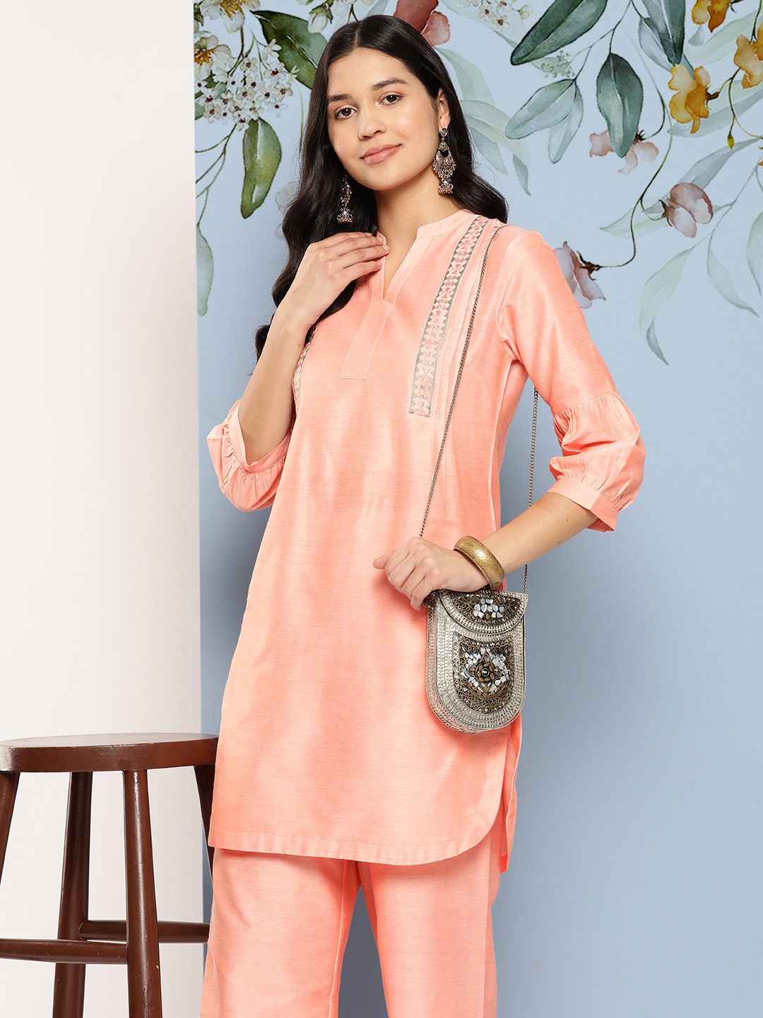 

Sangria Yoke Design Thread Work Kurta with Palazzos, Peach