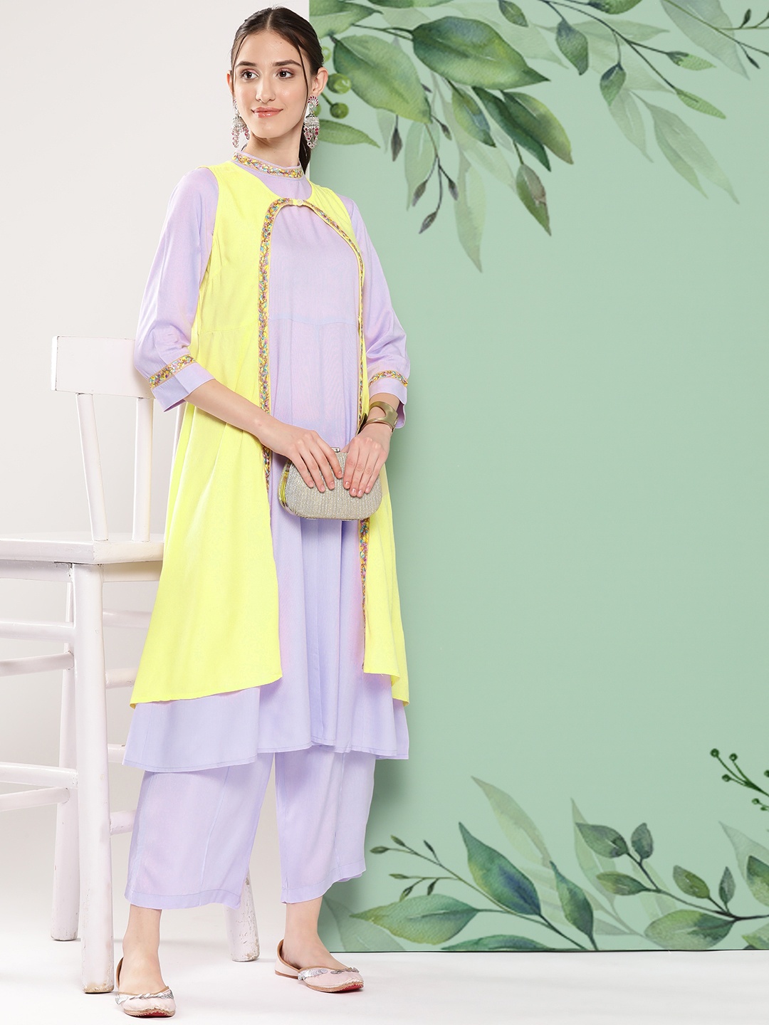

Sangria Solid Kurta with Palazzos & Longline Jacket, Lavender