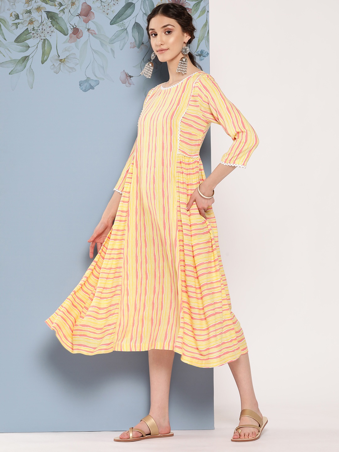 

Sangria Striped Lace Inserts Maxi Ethnic Dress, Yellow