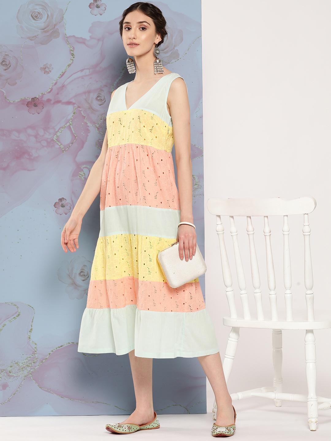 

Sangria Schiffli Design Tiered Pure Cotton A-Line Midi Ethnic Dress, Peach