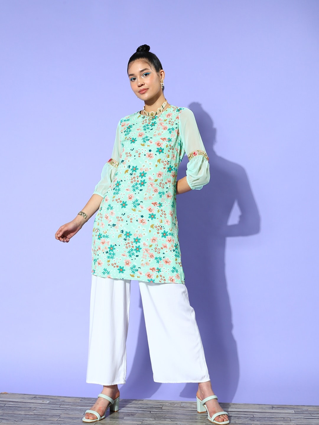 

Sangria Floral Print Kurta, Sea green