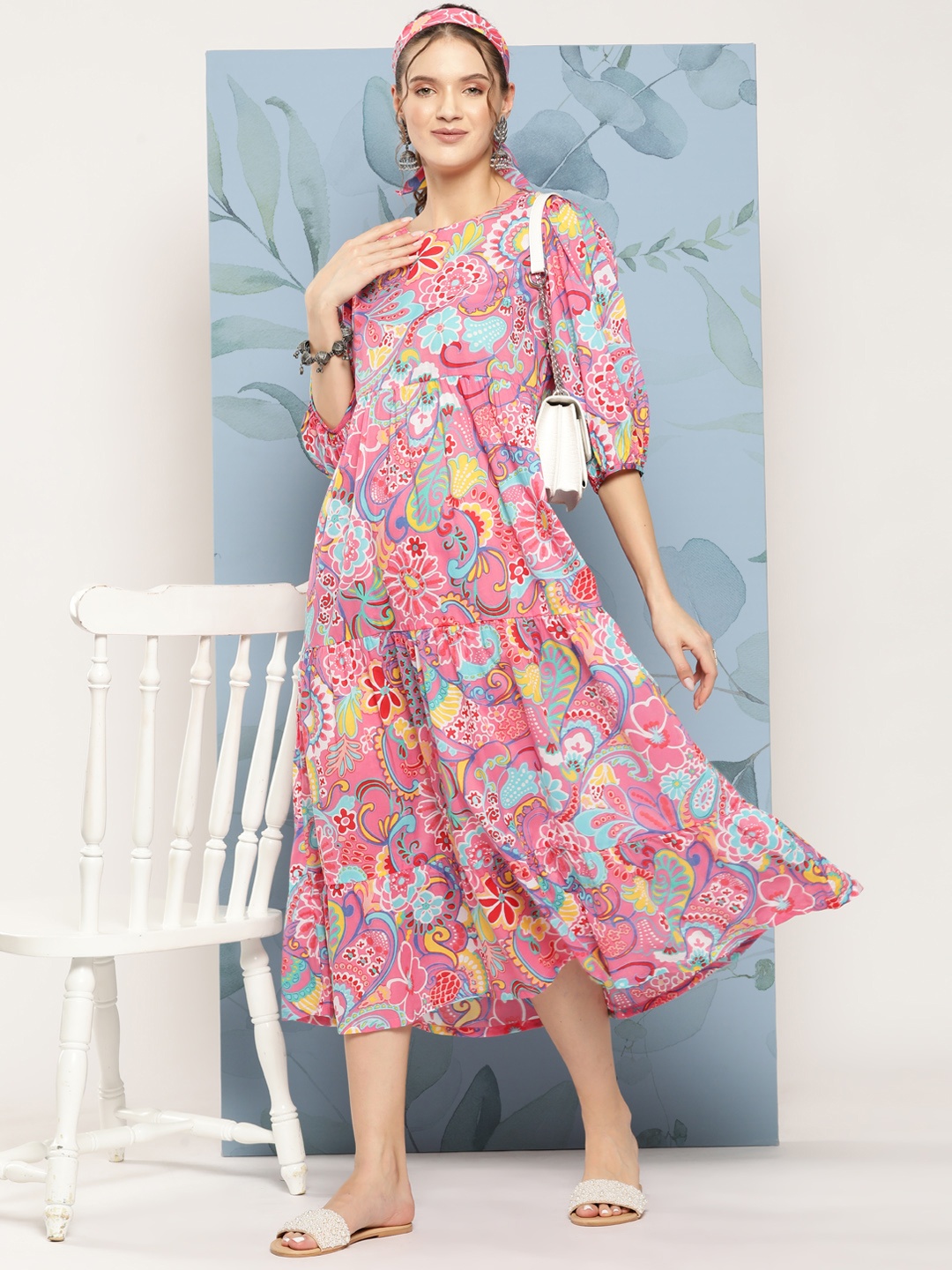 

Sangria Floral Print Flounced Hem A-Line Ethnic Midi Dress, Pink