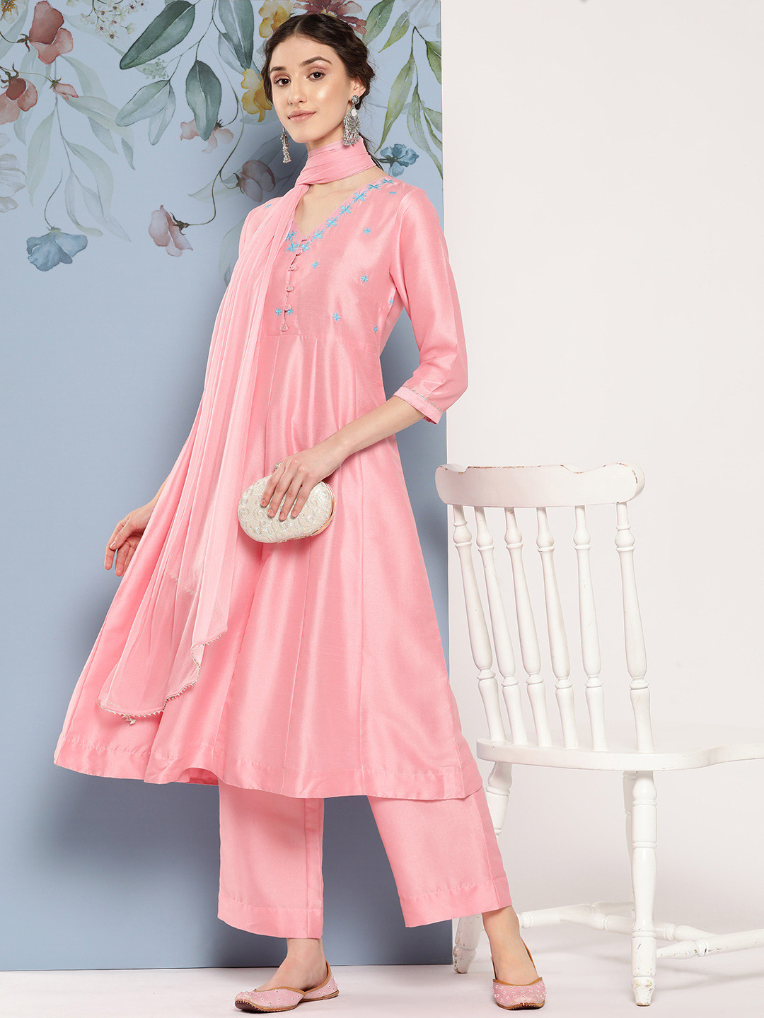 

Sangria Ethnic Motifs Embroidered Panelled Thread Work Kurta with Palazzos & With Dupatta, Pink