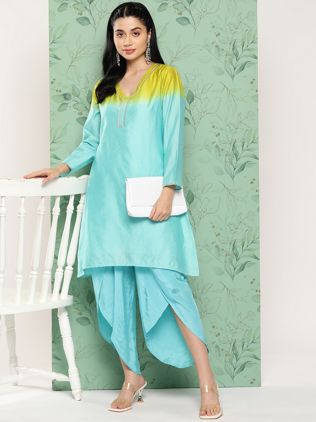 

Sangria Dyed Gotta Patti Kurta with Dhoti Pants, Turquoise blue