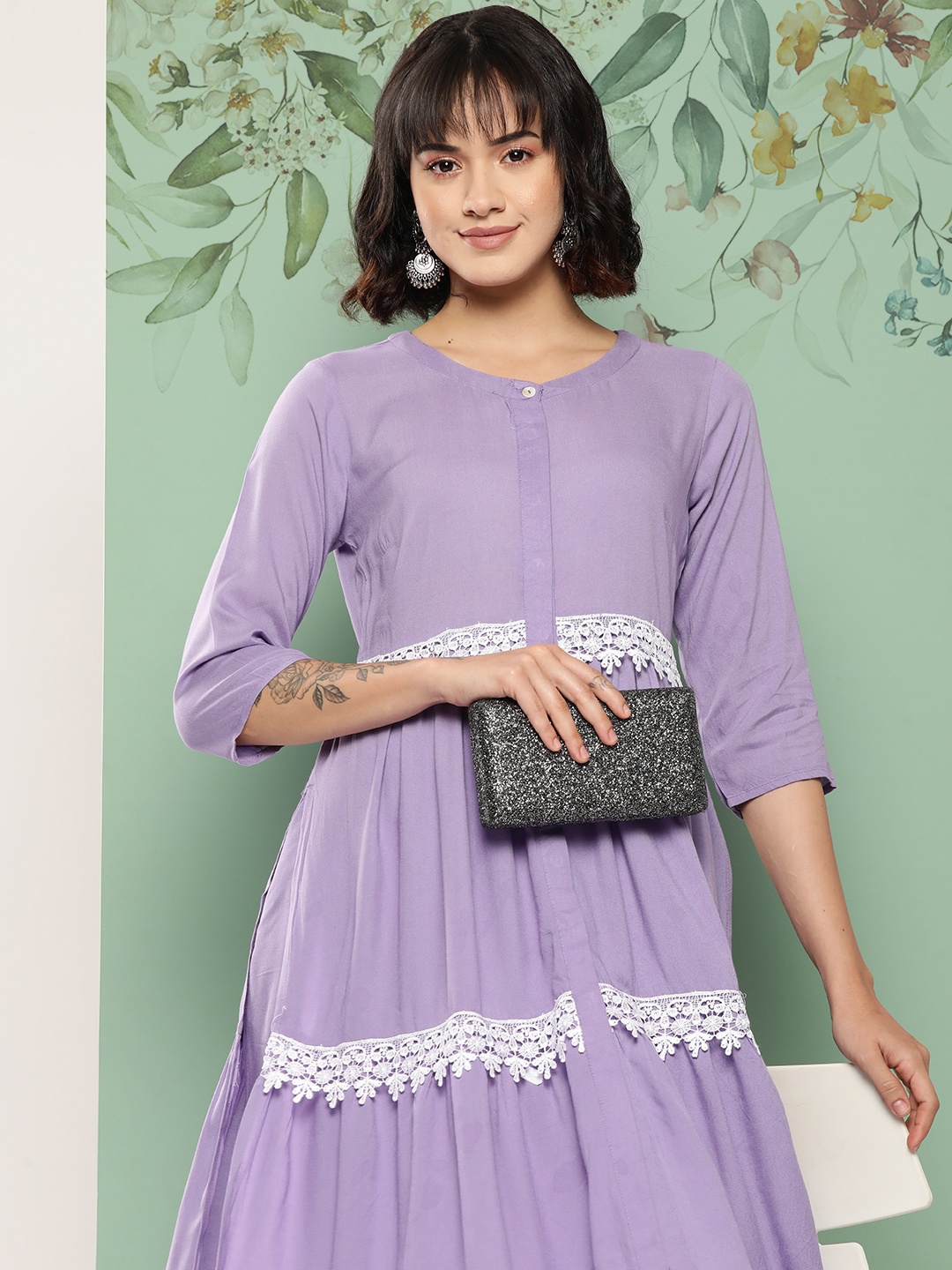 

Sangria Women Lace Inserts Pleated Kurta with Palazzos, Lavender