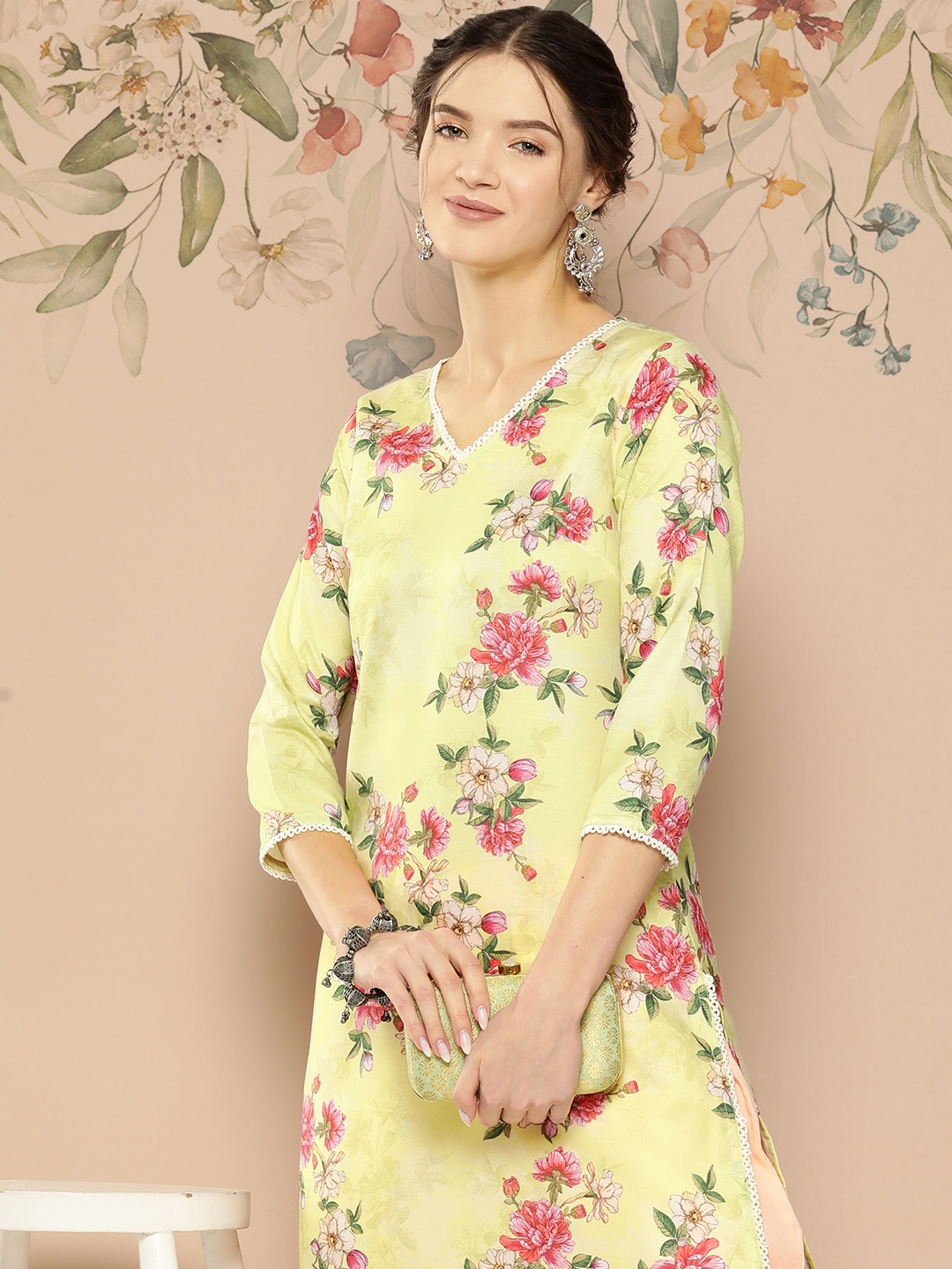 

Sangria Women Floral Print Lace Inserts Kurta with Salwar, Lime green