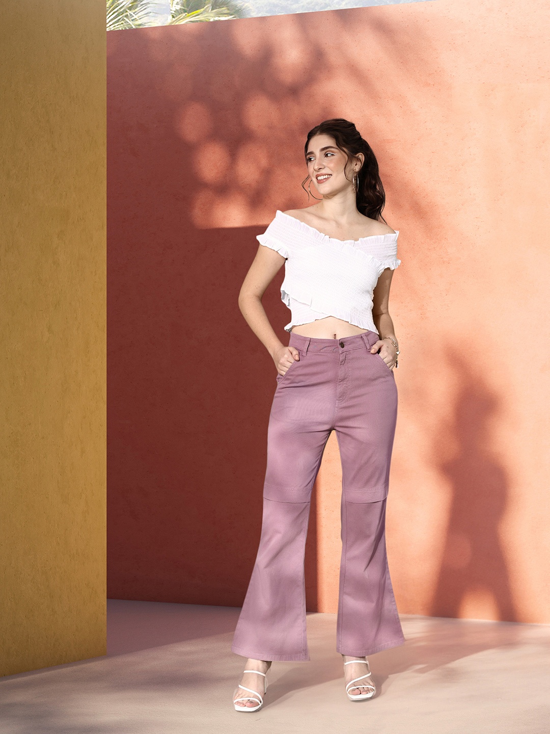 

Mast & Harbour Women Warm Mauve High-Rise Rodeo Bootcuts Trousers