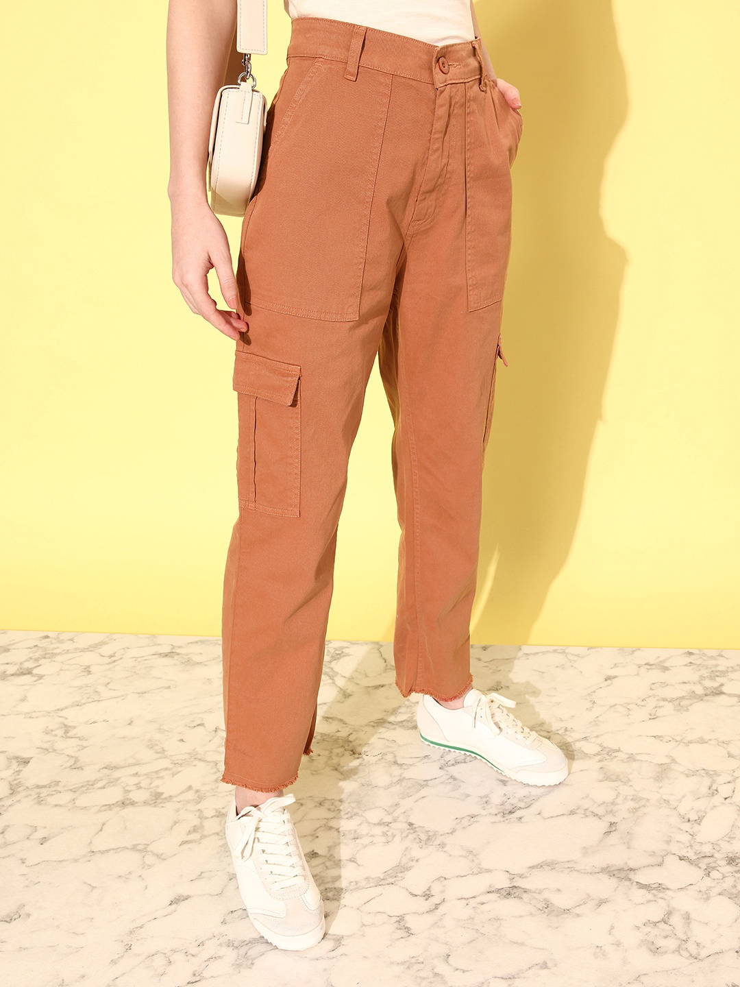 

Mast & Harbour Women Rust Orange Solid Straight Fit Hipster Cargoes Trousers