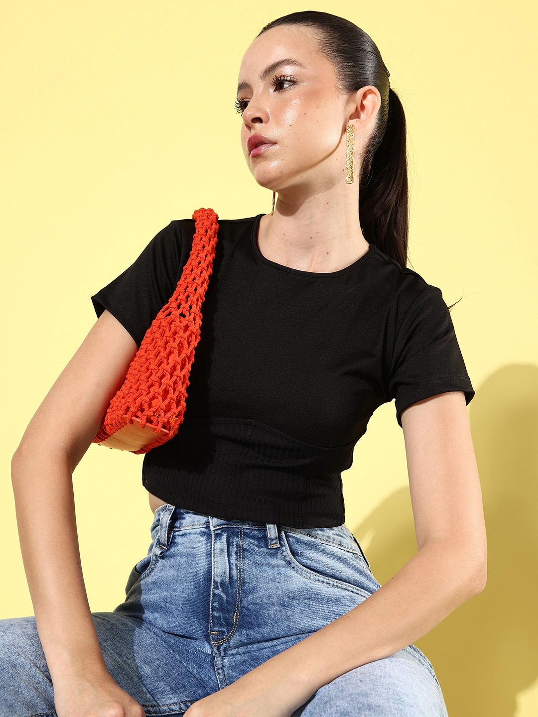 Mast & Harbour Jet Black 90's Hollaback Casually Corset Crop T-shirt