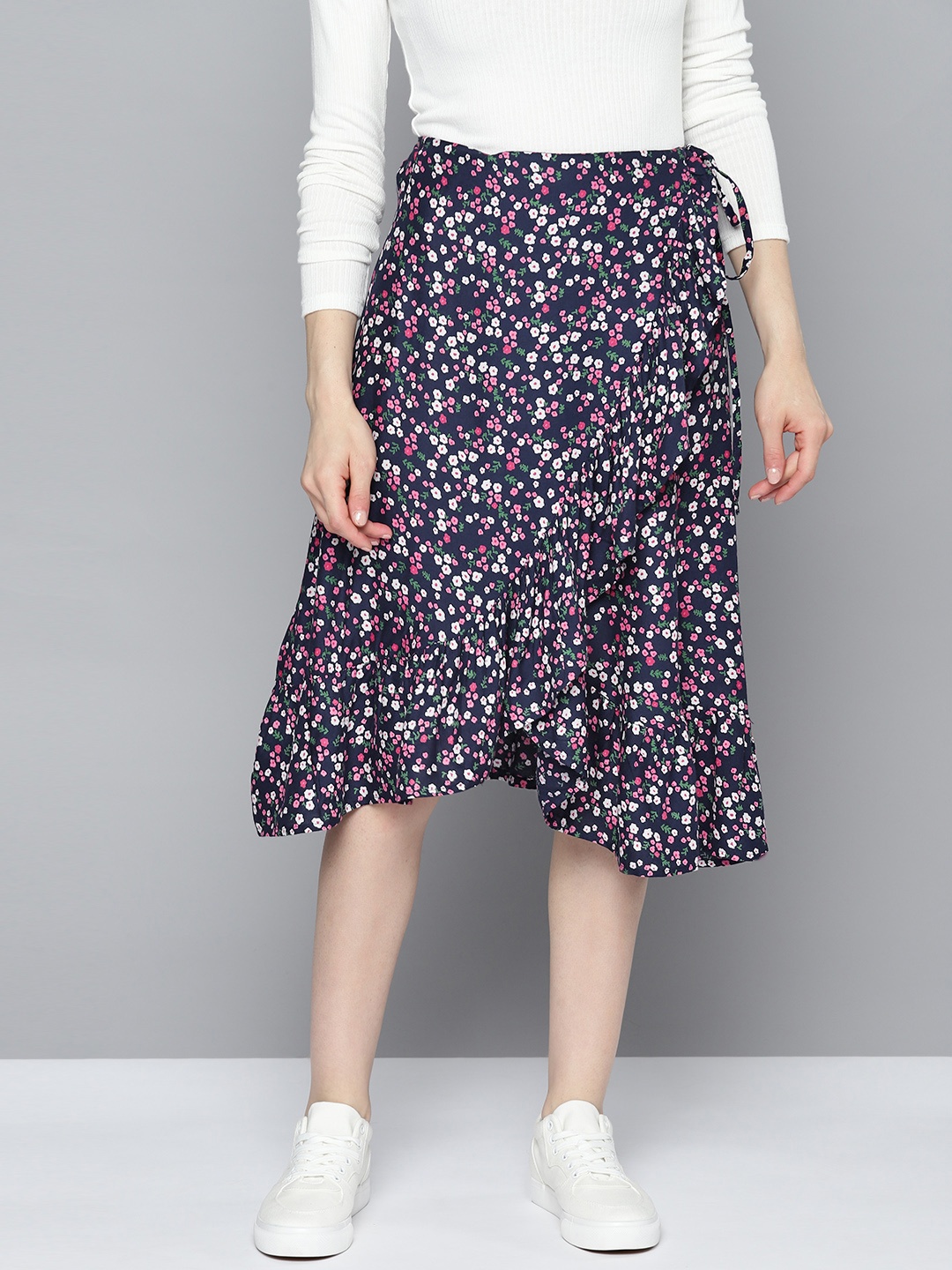 

Mast & Harbour Floral Printed Tulip Hem Ruffles Detailed Wrap Midi Skirt, Navy blue