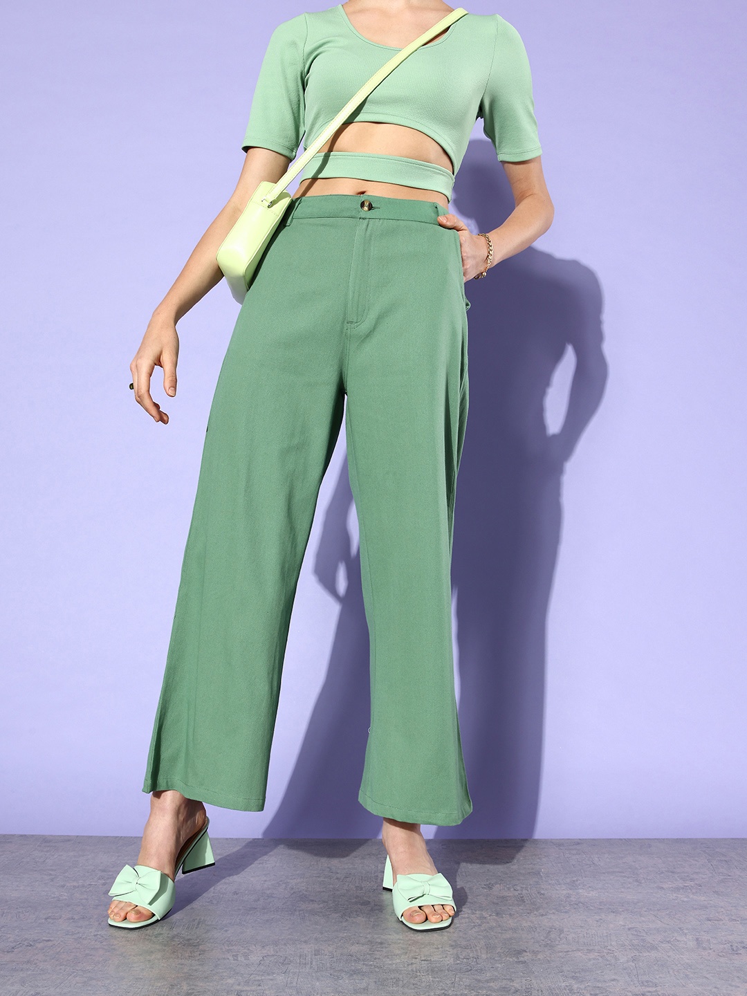 

Mast & Harbour Women Solid Extra Room Denims High-Rise Wide Leg Trousers, Green