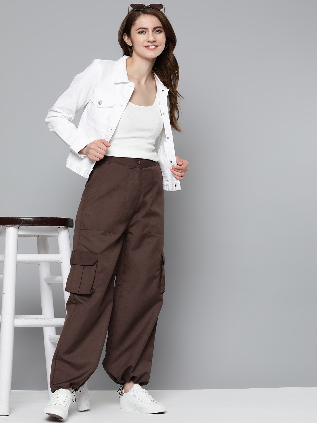 

Mast & Harbour Women Loose Fit Balloon Cargos Trousers, Brown