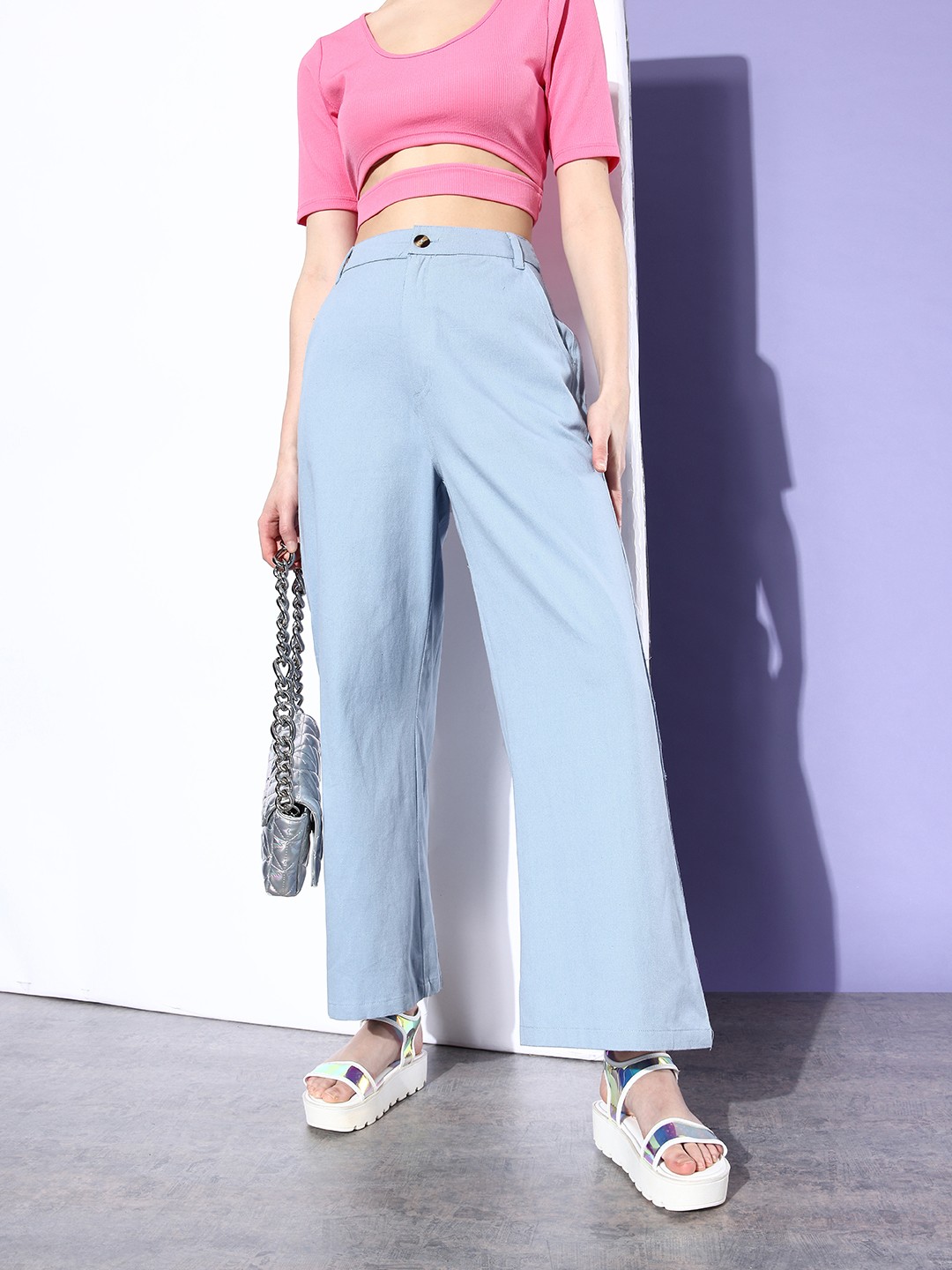 

Mast & Harbour Women Solid Extra Room Denims High-Rise Wide Leg Trousers, Blue