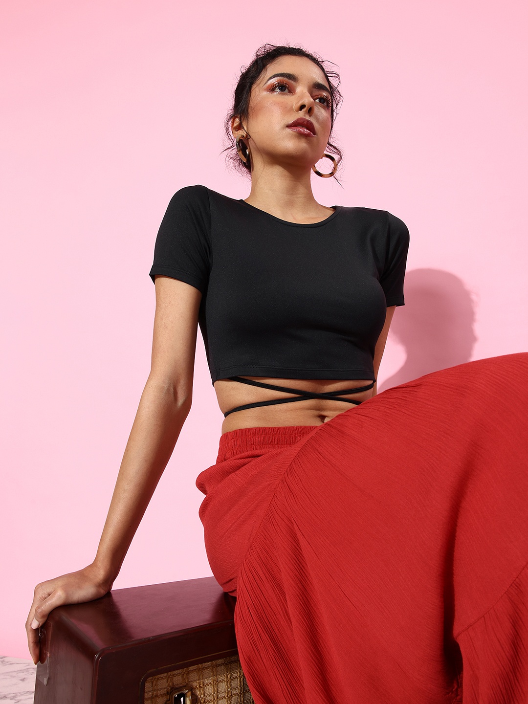 

Mast & Harbour Jet Black Solid Waist Tie-Ups 90's Hollaback Mostly Midriff Crop Top