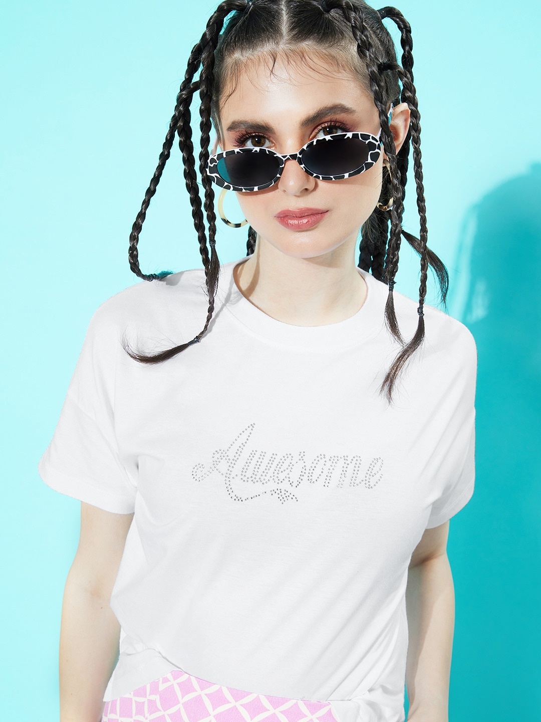 

Mast & Harbour Bright White Typography Bedazzeled Drop-Shoulder Sleeves T-shirt